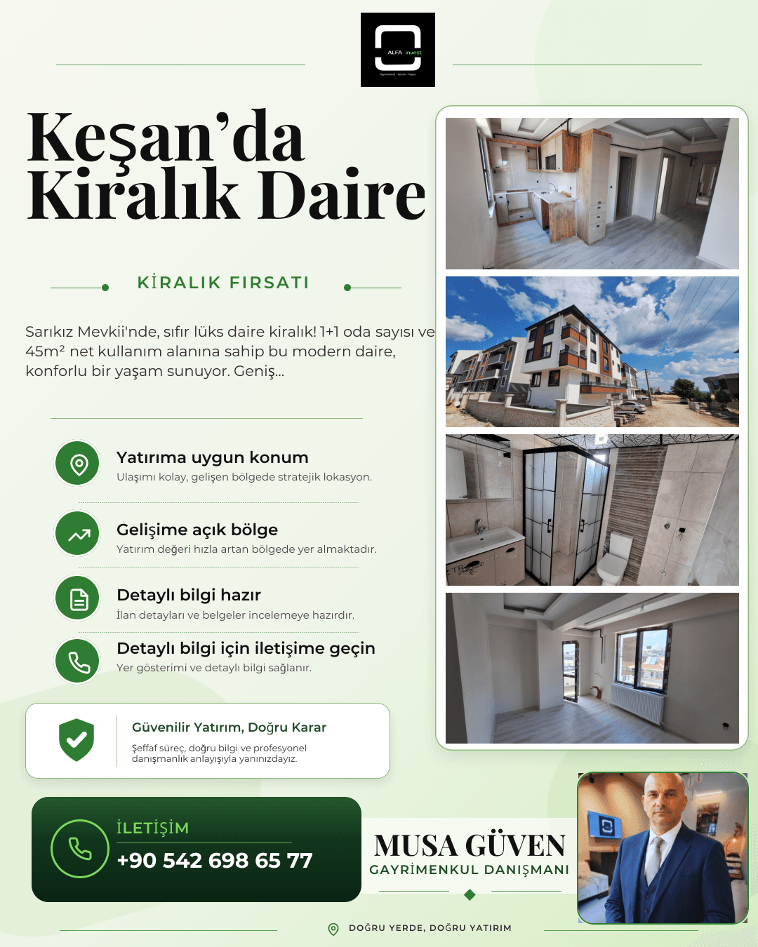 Sarıkız'da Kiralık Sıfır 1+1 Daire, 45m², Balkonlu, Otoparklı