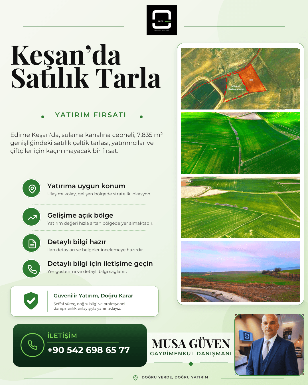 Keşan'da Sulama Kanalı Yanında Satılık 7.835 m² Tarla