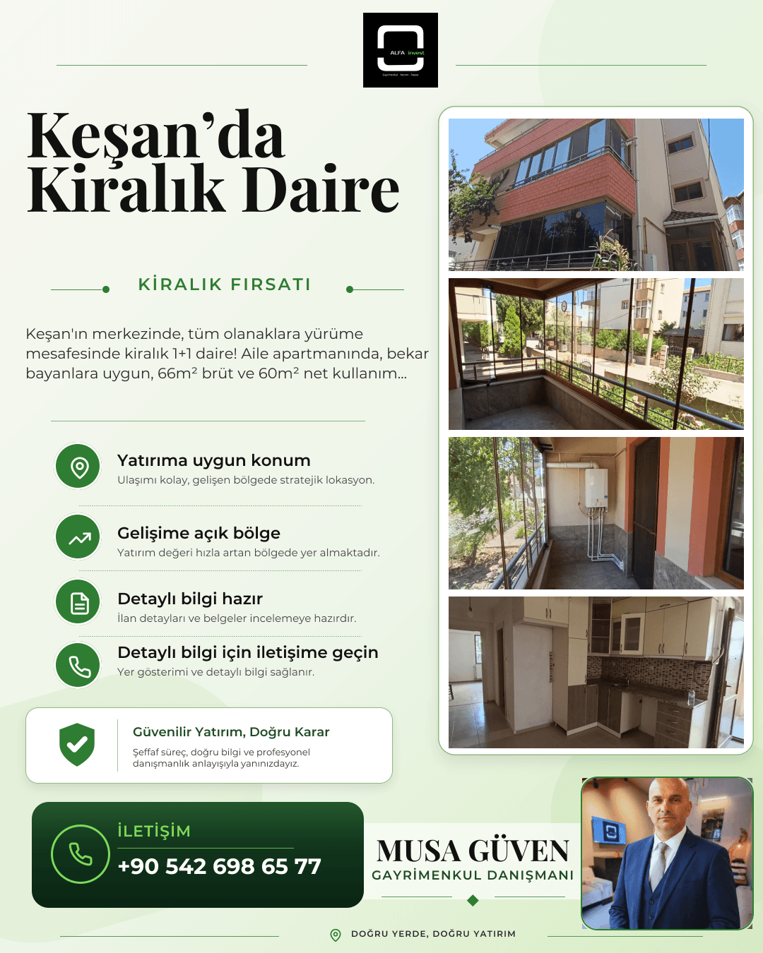 Keşan Merkezde Kiralık 1+1 Daire (66m²)