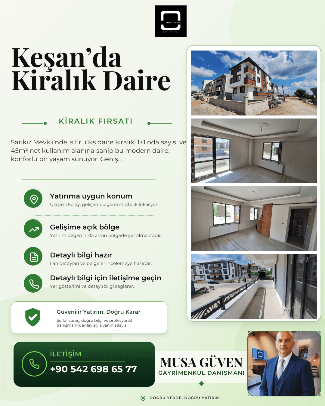 Keşan Sarıkız'da Kiralık Sıfır 1+1 Balkonlu Daire