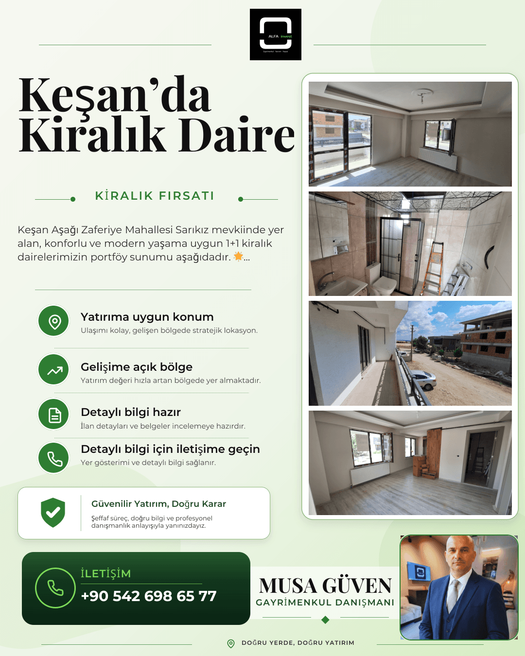 KİRALIK GENİŞ BALKONLU 1+1 DAİRE